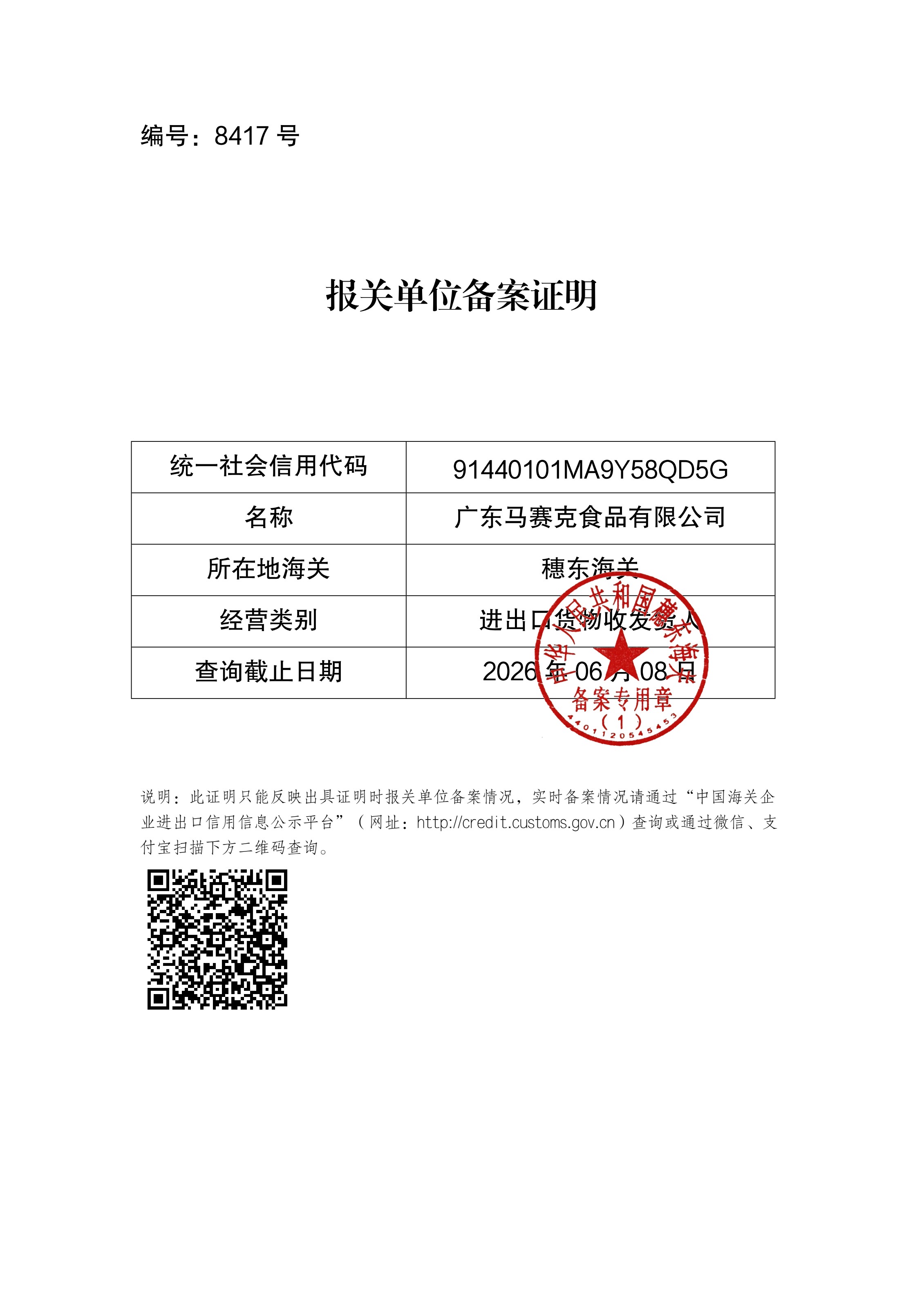 Customs Registration Certificate №8417 – Certificate